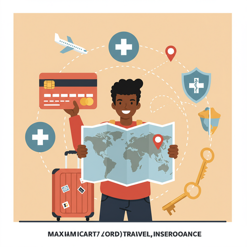 Flat design illustration of a traveler holding a credit card and a map, with various travel icons like a plane, suitcase, and medical cross floating around. The scene conveys maximizing credit card travel insurance benefits for international trips.