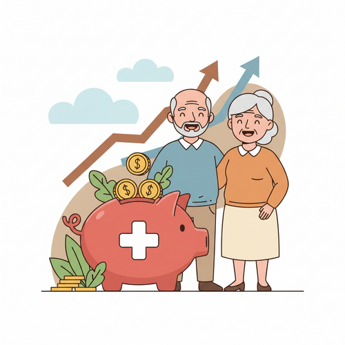 A flat design illustration of an older, smiling couple standing next to a large, medical cross-shaped piggy bank filled with money, symbolizing how to maximize HSA for retirement. The image is in a cartoon style with clean lines and a limited color palette of warm earth tones, soft blues, and muted oranges.