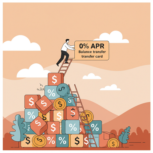 An illustration in flat design style depicts a person escaping a pile of high-interest debt using a 0% APR balance transfer card as a pathway to financial freedom.