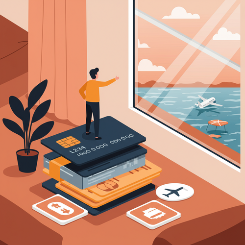 A flat design illustration of a person on a stack of credit cards and loyalty points, looking at a luxury travel destination. The image conceptually represents how to use travel hacking for luxury vacation, showing financial strategy leading to travel rewards in a friendly, cartoon style.