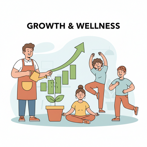Flat design illustration of a small business owner watering a plant-shaped graph, with an upward trend, symbolizing the ROI of corporate wellness programs for small business. Happy employees are engaged in various wellness activities in the background, showing the benefits of employee well-being.
