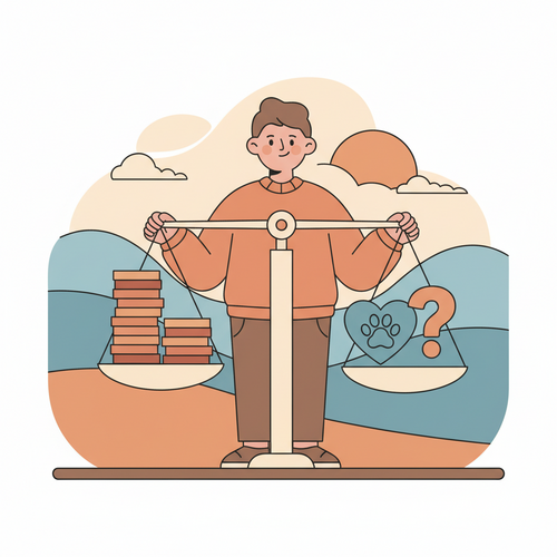 A flat design illustration of a person weighing the financial decision of pet insurance. On one side of a scale are coins, and on the other, a heart and a question mark, representing whether pet insurance is worth it. The art style is cartoonish with clean lines and warm, muted colors.