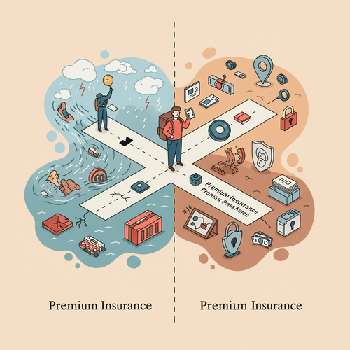 Flat design illustration of a traveler at a crossroads, symbolizing the choice between risky travel and secure travel with premium travel insurance. The secure path shows symbols of safety and support.