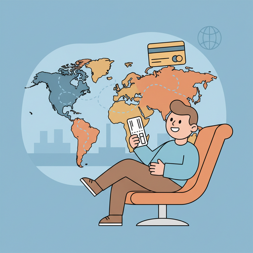 A flat design illustration showing a relaxed traveler in an airport lounge setting, symbolizing comfort and ease. The scene includes a world map and a credit card, representing the global reach and financial access of Priority Pass lounge benefits.