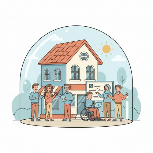 Flat design illustration of a small business building protected by a large, transparent shield. Inside the shield, diverse key employees work confidently. This image conceptually represents the essential protection of Key Person Insurance for Small Business.