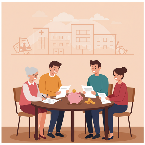 Flat design illustration of a family discussing financial documents. An elderly couple and their adult children are at a table, contemplating their future care needs. The image conceptually represents the importance of Long-Term Care Insurance planning.