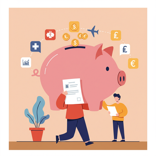 A flat design illustration of a person holding a globe-shaped piggy bank, surrounded by medical crosses, airplanes, and currency symbols. This visually represents the financial planning involved in how to finance medical tourism safely.