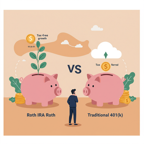 A flat design illustration shows two stylized piggy banks. One is labeled "Roth" and has a green plant growing from it, symbolizing tax-free growth. The other is labeled "Traditional" and has a cloud above it, representing tax deferral. A person in a suit stands between them, pondering the choice between Roth IRA vs Traditional 401(k). The overall style is cartoonish with warm earth tones and soft blues.