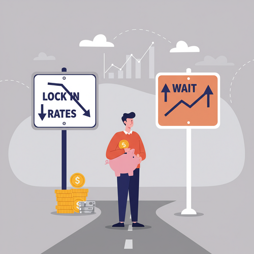 A flat design illustration shows a person at a crossroads, looking at two signs. One sign points to "Lock In Rates" with an arrow pointing down, indicating falling rates. The other points to "Wait" with an arrow pointing up, indicating rising rates. The person is holding a stylized piggy bank, symbolizing savings. The background is simple, with subtle economic trend lines, in warm earth tones, soft blues, and muted oranges, reflecting the decision to lock in CD rates now.