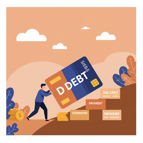 A flat design illustration in cartoon style shows a person actively pushing a large block labeled "Debt" down a path, with smaller blocks representing "Payments" assisting, conceptually illustrating strategies to pay off credit card debt.