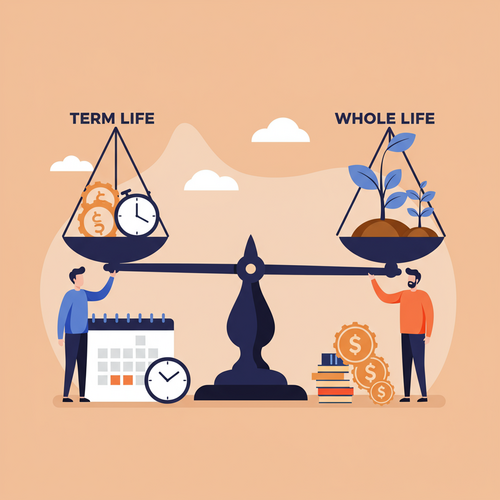Flat design illustration comparing Term vs Whole Life Insurance. Two cartoon figures on a balance scale, one representing temporary term life with a clock, the other representing permanent whole life with a growing plant, in warm earth tones.