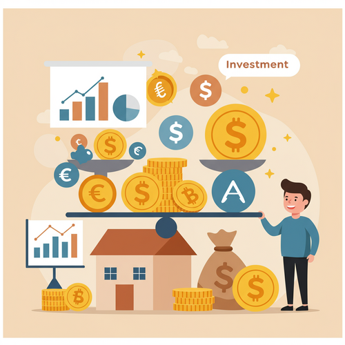 Flat design illustration of diverse investment symbols balanced on a scale, representing a diversified investment portfolio. A smiling investor watches the balance.