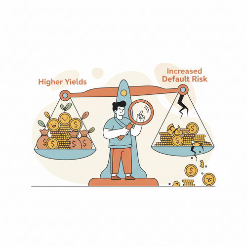 Flat design illustration of an investor observing a balance scale. One side of the scale shows growing money bags, representing higher yields, while the other side shows cracks and fallen coins, symbolizing increased default risk. This visually represents the impact of High Interest Rates P2P Lending, highlighting the trade-off for investors.