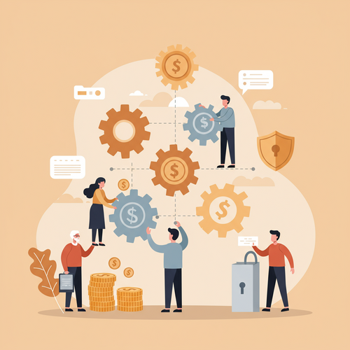 Flat design illustration of a diverse group of friendly, approachable characters, including an elderly couple and younger adults, collaboratively building a complex financial structure with gears and intertwined lines. The scene conveys proactive financial planning for long-term care, showing elements of protection and security, against a backdrop of warm earth tones and soft blues.