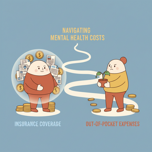 Flat design illustration depicting the financial cost of mental health care, with one figure shielded by insurance documents and another managing out-of-pocket expenses with a struggling plant.