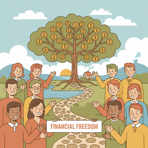 Flat design illustration of diverse people smiling and celebrating near a path leading to a peaceful landscape, with a stylized money tree in the foreground. The image conceptually represents the FIRE Movement explained and achieving financial independence and early retirement.