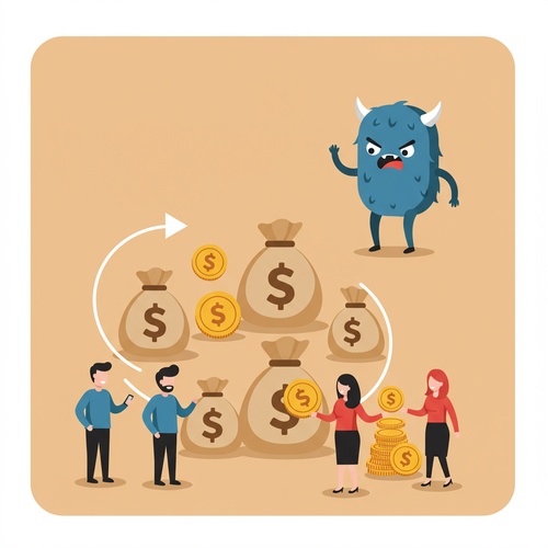 Flat design illustration of diverse people happy with their growing money, represented by large coins and stacks of cash. A small, cartoonish "inflation monster" is shown in the background, shrinking. The image focuses on High-Yield Savings Accounts and financial growth.