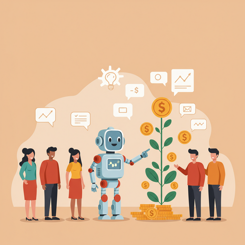 Flat design illustration of a friendly robot guiding beginners in financial investing, symbolizing automated wealth growth with the best robo-advisors for beginners.
