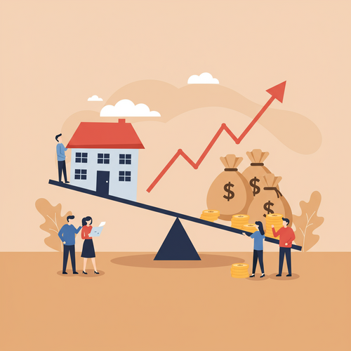 A flat design illustration showing a seesaw balancing a house on one side and a stack of money bags on the other, with a volatile, wavy arrow representing Adjustable-Rate Mortgages (ARMs) in the middle. Characters observe with thoughtful expressions.
