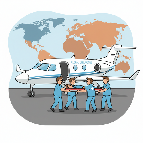 Flat design illustration of medical personnel carefully loading a patient on a stretcher into an air ambulance jet. The image represents the critical service of Medical Evacuation Travel Insurance, with a world map faintly in the background.
