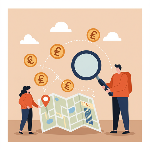 An illustration in flat design style showing a person strategically using reward points, represented by glowing symbols, to book luxury hotel stays. The image features soft blues and warm earth tones, highlighting the concept of converting financial planning into premium travel.