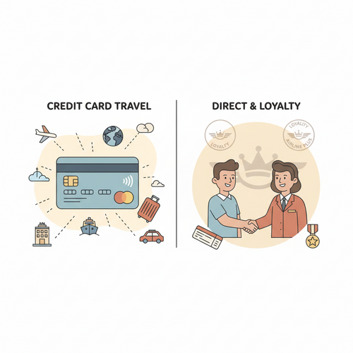 Flat design illustration depicting the choice between credit card travel portals vs direct booking. On one side, a credit card is connected to various travel services. On the other, a traveler interacts directly with an airline agent, emphasizing loyalty and direct service. The image uses a warm, muted color palette.