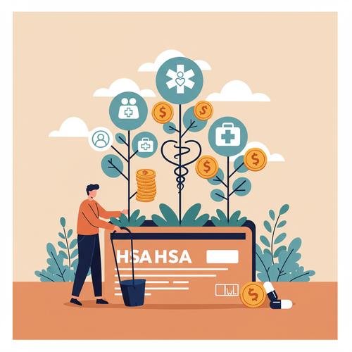 A flat design illustration of a person tending to a garden with money trees and medical symbols growing from a planter shaped like an HSA card, representing the concept of using an HSA as an Investment Tool. The style features clean lines and a limited color palette of warm earth tones and soft blues.