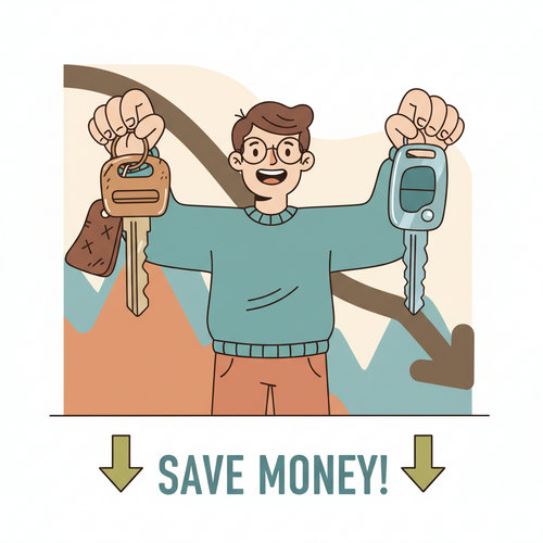 Flat design illustration of a person holding two car keys, one old and one new, symbolizing auto loan refinancing. Downward arrows represent Refinance Auto Loan Savings in a dynamic interest rate market.