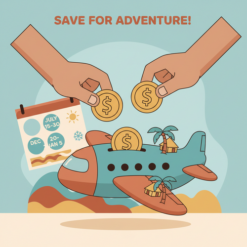 Flat design illustration of hands saving money in a travel-themed jar, representing the focus keyphrase "Save for Luxury Vacation Without Debt."