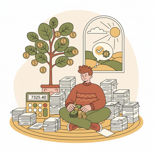 Illustration of a freelancer applying advanced tax strategies, meticulously organizing documents and finances, with a calculator and a blossoming money tree.