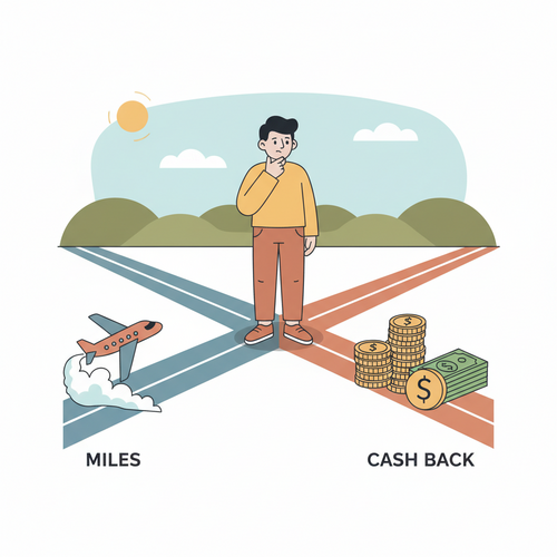 A person standing at a crossroads, looking at two paths. One path leads to an airplane flying towards a cloud, representing airline miles. The other path leads to a stack of money, representing cash back. The image is in a flat design illustration style with clean lines and friendly, approachable characters, conveying the decision between Airline Miles vs Cash Back.