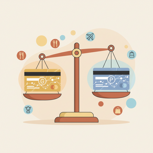 Two distinct credit cards, one gold and one platinum, balanced on a scale in a flat design illustration, symbolizing the detailed comparison of Amex Gold vs Platinum benefits and costs.