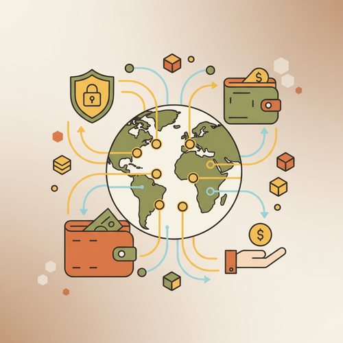 Digital Nomad Banking Solutions: Illustration of a secure digital wallet with global currency symbols and interconnected lines representing international money transfers for digital nomads.