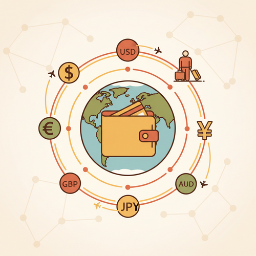 An illustration of a digital wallet and a globe with various currency symbols, representing the ease of managing multi-currency accounts for expats and international travelers.