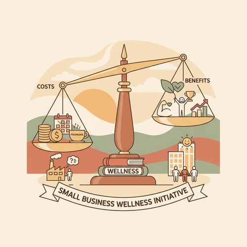 Illustration showing a scale balancing the costs and benefits of budgeting for employee wellness programs for SMEs.