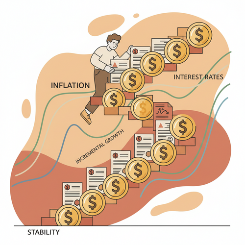 A person building a financial CD ladder strategy with golden coins, symbolizing secure, incremental growth against inflation and volatile rates.