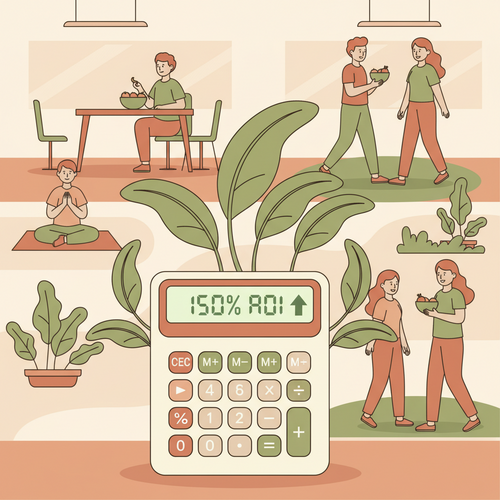 Illustration showing employees engaged in wellness activities, with a calculator prominently displaying a positive return on investment, representing the successful Calculating ROI of Corporate Wellness Programs for a small business.