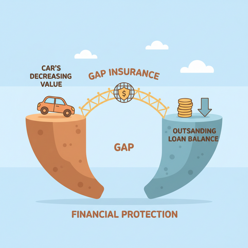 Flat design illustration showing the concept of Gap Insurance for new cars. Two lines, one representing car value declining rapidly and another representing loan balance declining slowly, creating a gap. A bridge connects these lines, symbolizing Gap Insurance New Cars filling the financial difference.