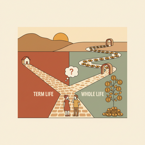 Illustration of scales balancing Term vs. Whole Life Insurance policies, representing financial decision-making.