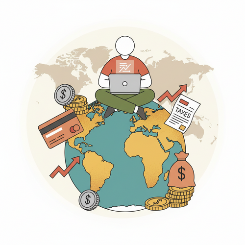 A digital nomad managing finances on a laptop with symbols of Digital Nomad Banking and Tax Strategies around them, illustrating global financial management.