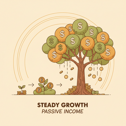 An illustration depicting dividend growth investing, showing money growing on a tree, symbolizing the steady increase of passive income over time.