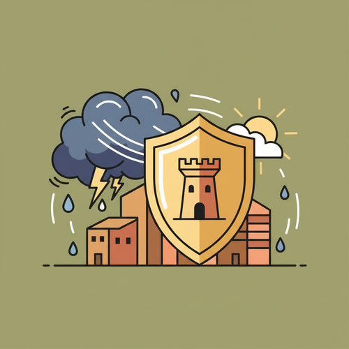 A cartoon illustration showing a small business building protected by an umbrella or shield from a storm, symbolizing business interruption insurance.