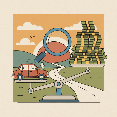 A broken car on one side of a scale and a large stack of money on the other side, representing the financial gap a new vehicle owner might face. A magnifying glass hovers over the gap, emphasizing the need to analyze gap insurance for new vehicles.