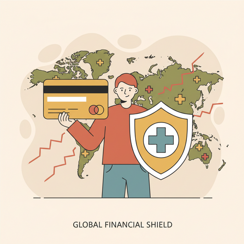 Illustration of a person using a credit card as a shield against medical emergencies during travel, representing credit card travel insurance medical emergencies.