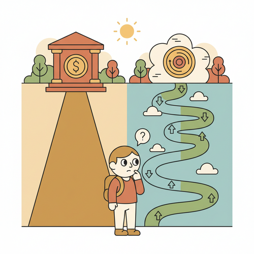 Illustration showing fixed vs. variable rate loans paths, with an investor deciding in a volatile interest environment.