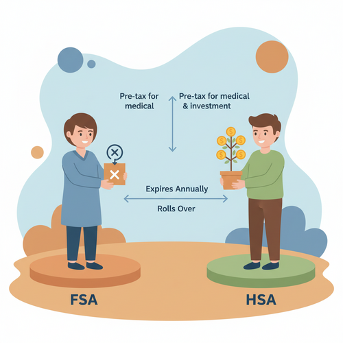 A flat design illustration comparing FSA vs HSA accounts, showing two characters. One holds a 'use-it-or-lose-it' box (FSA) and the other a growing plant (HSA), symbolizing their distinct features and tax advantages.