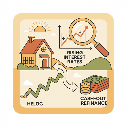 Illustration depicting the choice between HELOC vs Cash-Out Refinance with a stylized house and two distinct financial paths, against a backdrop of rising interest rates.