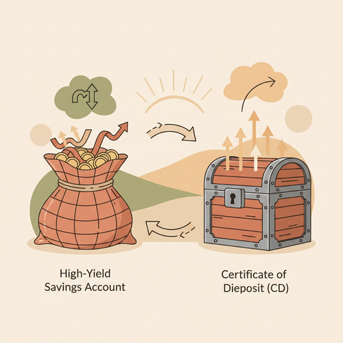 Illustration comparing High-Yield Savings Accounts vs. CDs, showing money growing in different ways as interest rates fluctuate.