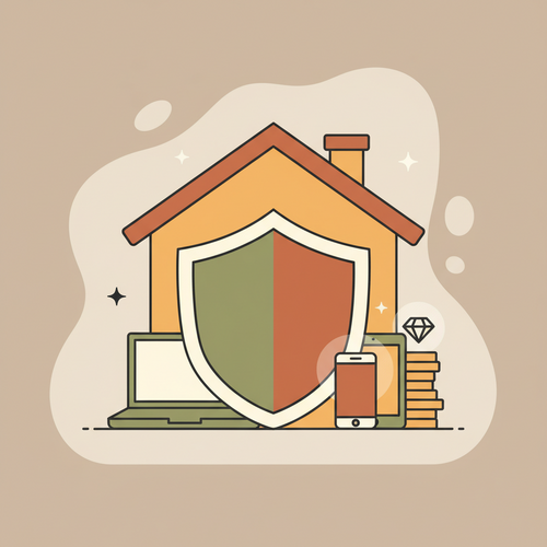 Flat design illustration of a house with a shield, symbolizing homeowners insurance protection for high-value assets and electronics.