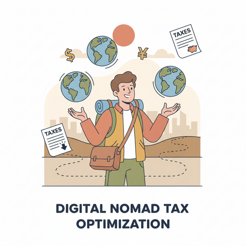 Flat design illustration of a happy digital nomad character, sitting on a floating cloud, surrounded by floating globes, various currency symbols (dollar, euro, yen), and simplified tax document icons. The character is confidently managing these elements, representing successful Digital Nomad Tax Optimization and global financial management. The style is cartoonish with clean lines, warm earth tones, and soft blues, with no gradients.
